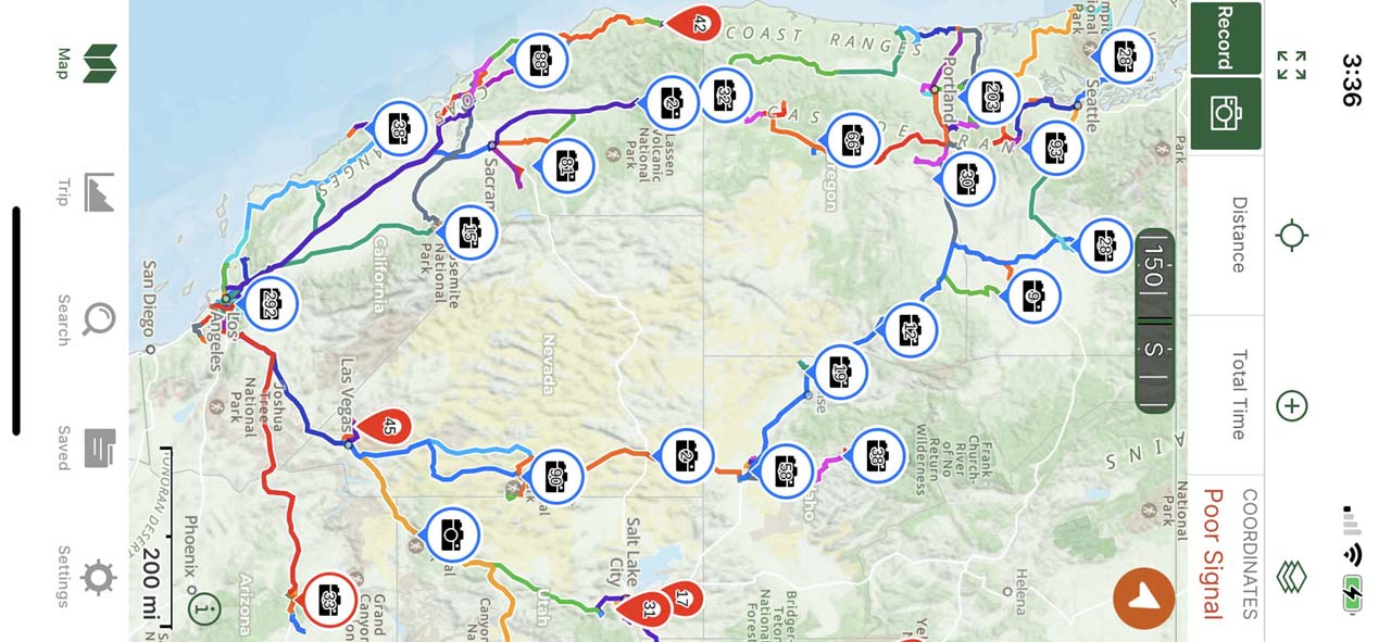 Recording activities in Gaia GPS is as simple as hitting the record button and that's it. Notice how this map shows a mix of both hiking and scenic driving recordings (something that's more difficult to do on AllTrails)