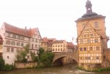 Bamberg_217_07222018 - Angled look towards the Obere Brucke and the Bamberg Altes Rathaus from the Geyerworthsteg with some other buildings fringing the canal