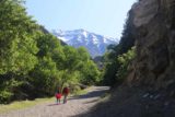 Battle_Creek_Falls_029_05282017 - Julie and Tahia passing by this somewhat open area along the Battle Creek Trail with a snowy mountain in the distance (possibly Mt Timpanogos)