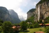 Bernese_Oberland_271_06082010 - Staubbach Falls and the Aegertenbach Falls (either the middle waterfall or the tall thin one way in the distance) as seen from Lauterbrunnen