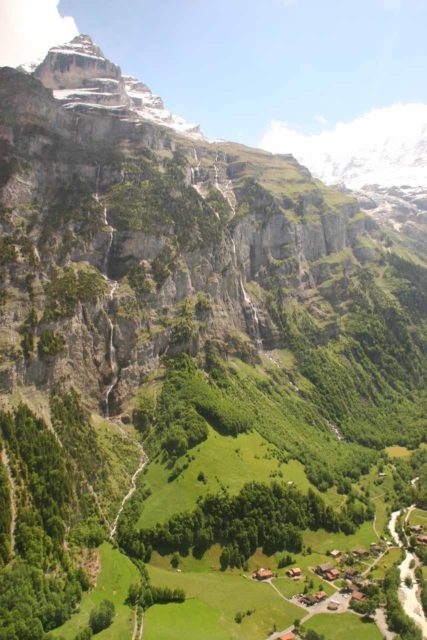 Bernese_Oberland_556_06092010 - Looking down at the full height of both the Mattenbachfälle (left) and the Staldenbachfälle (right) as seen from the cable car ride down from Gimmelwald to the Schilthorn-Bahn station near Stechelberg as seen in June 2010