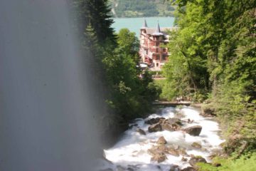 Giessbach Falls spills into light blue Lake Brienz and is accompanied by a historic hotel.  It's said to tumble 500m in height over serveral tiers, but if Reichenbach Falls is...