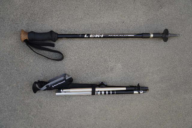 The Black Diamond Distance FLZ Trekking Pole (bottom) is so much lighter and more compact than my old Leki Makalu Poles (top) that I've reconsidered my love-hate relationship with trekking poles as a whole
