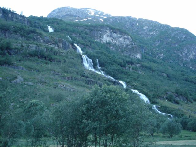 Briksdalbreen_090_jx_06302005 - This impressive waterfall is what I used to believe is Melkevollfossen until a local corrected me and said is Rustifossen, which is behind the Rustøy farm