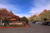 Cable_Mountain_Lodge_027_04042018 - Context of the parking area with tall sandstone cliffs of Zion National Park just outside our unit at the Cable Mountain Lodge