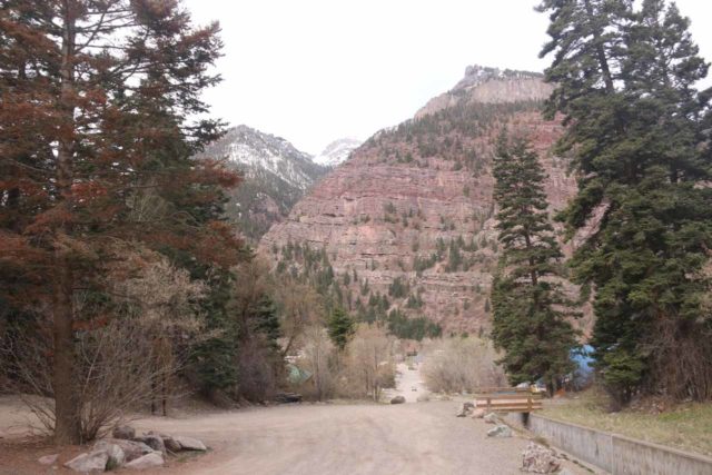 Cascade_Falls_Ouray_008_04172017 - Looking back towards the unpaved 8th Avenue from the trailhead parking at the Cascade Falls Park in Ouray