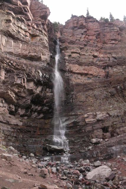 Cascade_Falls_Ouray_040_04172017 - Looking up at Cascade Falls (or the Lower Cascade Falls) from its base. Notice the squarish hole (a mine?) on the lower right side of this photo next to the bottom of the falls