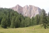 Cascate_di_Pisciadu_018_07162018 - Looking back at some idyllic pastures from the pullout where we got our views of the Cascate del Pisciadu framed with the Dolomites from the big Colfosco sign at the town's western outskirts