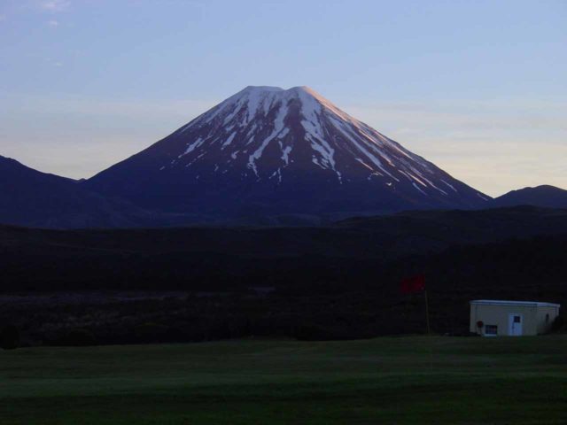 Chateau_Tongariro_017_11182004 - This was an early morning view of the conical Mt Ngauruhoe seen from the Chateau Tongariro in Whakapapa Village, just up the slope from Mahuia Rapids