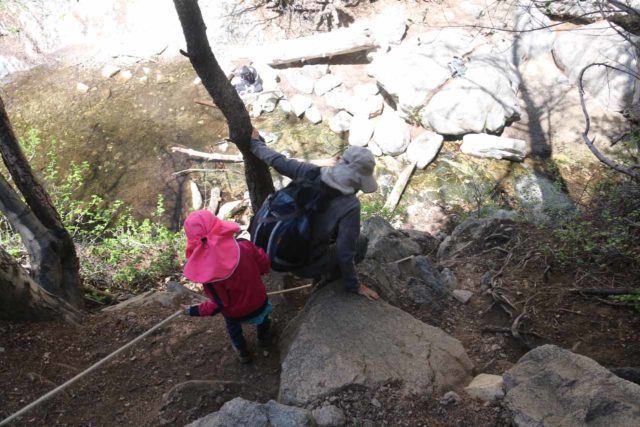 Cooper_Canyon_Falls_074_05012016 - Julie and Tahia descending this steep section to the base of Cooper Canyon Falls using the rope as an aid