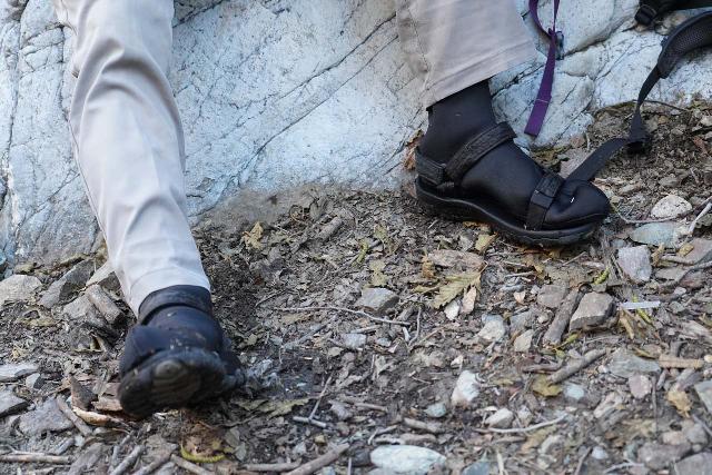 Dad had to resort to wearing Tevas on most of our Bridge to Nowhere hike in high water. The black socks, by the way, were spare neoprene socks that I loaned him to keep his feet warm