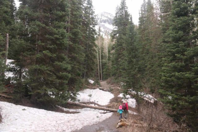 Donut_Falls_039_05262017 - Julie and Tahia contending with some snow on the hike to Donut Falls