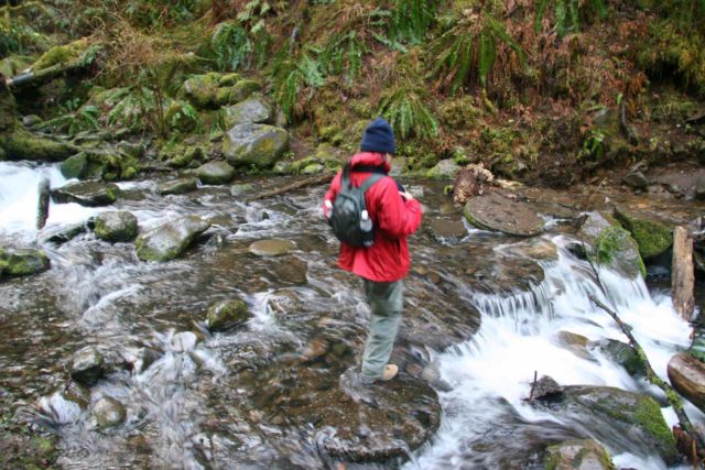 Eagle_Creek_035_03292009 - Julie crossing a swollen Sorensen Creek when we first tried to visit the Punch Bowl Falls back in late March 2009