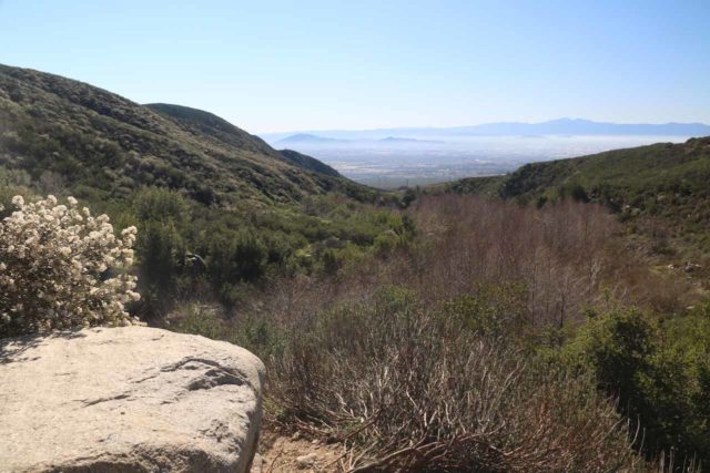 Etiwanda_Falls_083_02012015 - Looking back at a vista of Rancho Cucamonga from a lookout spot where there was graffiti that said 'Frank's Rock'