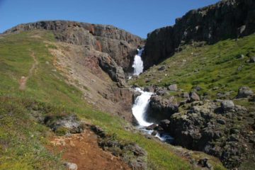 Fardagafoss seemed to be a a pair of attractive waterfalls just upslope from the town of Egilsstaðir.  The uppermost tier itself contained a pair of attractive drops back-to-back against cliffs...