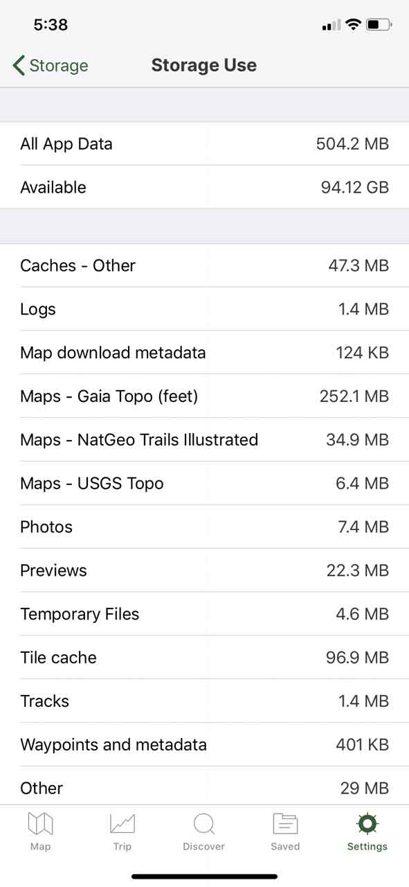 This is a screen capture of my memory usage on my iPhone according to the Gaia GPS app. Notice that for a full 3-week trip to the Rockies, I still only managed to use about 300MB of map data for offline use over this time period, which far exceeded the limits of my etrex unit