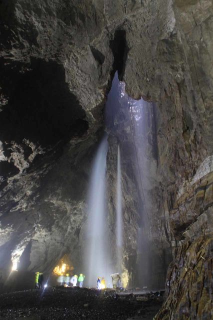 Gaping_Gill_083_08172014 - Inside the depths of the Gaping Gill where you can see three waterfalls drop right into the cave from its opening