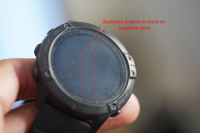 After some heavy use during a three-week Rocky Mountains hiking road trip, I ended up with this scratch or crack on my new Garmin Fenix 6X Pro Sapphire watch