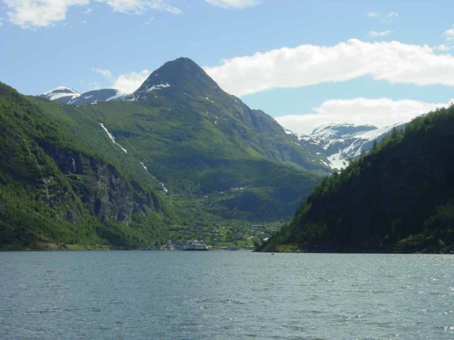 Geirangerfjorden_140_07012005 - Approaching the port of Geiranger with Grinddalsfossen tumbling above it at the conclusion of our first visit in early July 2005