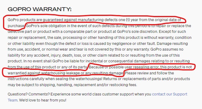 GoPro Warranty fine print states that waterhousing leakage (which I presume includes the battery compartment of the base unit) is not warrantied