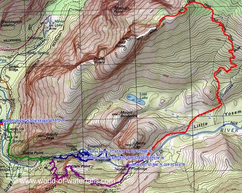 Half_Dome_Trail.jpg - Half Dome Trail - Green (paved part of JMT), Blue (Mist Trail), Purple (JMT incl. Panorama Cliffs section), Red (JMT to Clouds Rest junction then on to Half Dome Saddle), White (Half Dome Cables)
