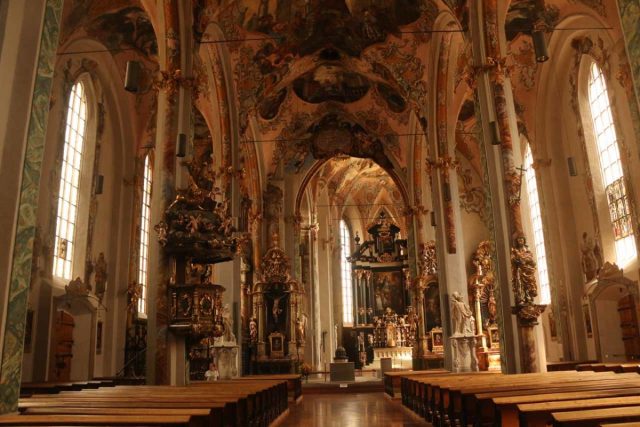 Hall_in_Tirol_043_07202018 - A few minutes drive east of Innsbruck was the compact old town of Hall in Tirol, featured this unusual cathedral where the altar was off center from the aisle