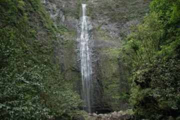 Hanakapiai Falls (or Hanakapi'ai Falls) is a very tall waterfall nestled deep in the back of Hanakapi'ai Valley.  The scene here really reminds me of the much-easier-to-access...