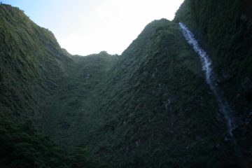 Hanakoa Falls is the other of two well-named waterfalls featured on the Kalalau Trail along the famed Na Pali Coast.  It is much taller than Hanakapi'ai Falls but it has lower flow....