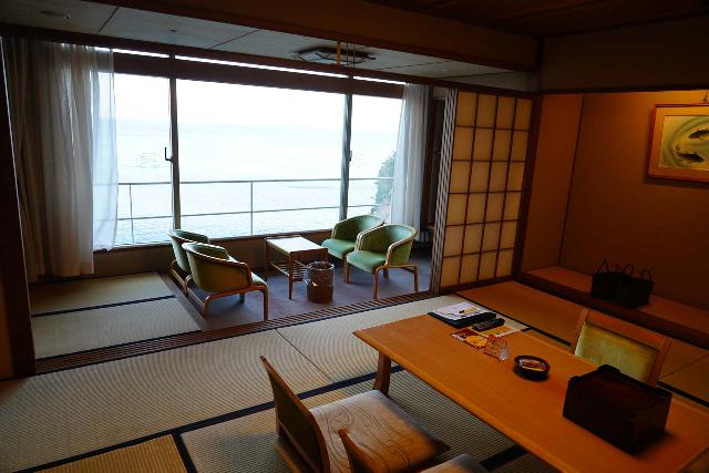 The spacious tatami-styled interior of our room at the Hotel Urashima