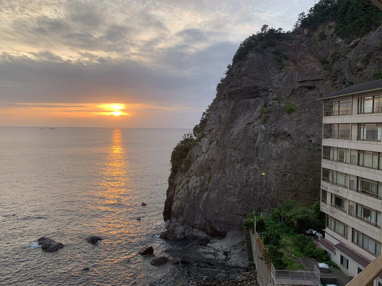 Sunrise as seen from our room at the Hotel Urashima in Japan, which was an unforgettable stay due to the property's size, the off-the-beaten-path location, and its many onsens