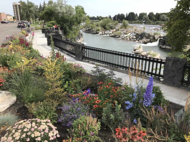 Idaho_Falls_017_iPhone_08152017 - Uitkijkend over een kleurrijke tuin richting de Idaho Falls in het centrum van Idaho Falls