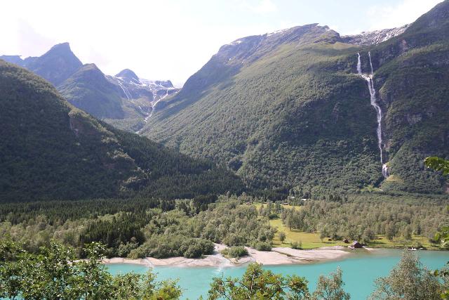 Kjenndalsbreen_347_07192019 - Context of the headwaters of Lovatnet fronting Ramnefjellsfossen and the Nesdal Valley to the left of it.  The cleared area in the flat was where I'd imagine the town of Nesdal once stood