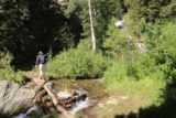 Lundy_Canyon_133_07112016 - Dad balancing while crossing Mill Creek over more laid out logs