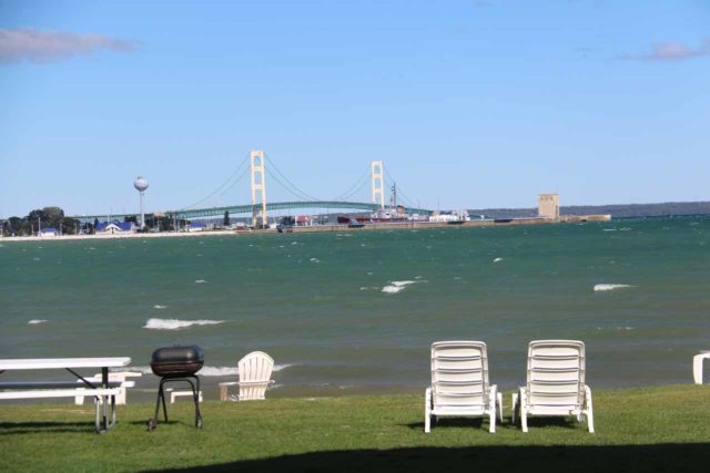 Our motel in Mackinaw City featured a BBQ area on the shores of Lake Huron with the Big Mac Bridge in the background, where this amenity surprisingly yielded a lifelong memory for us when roasting smores later that night