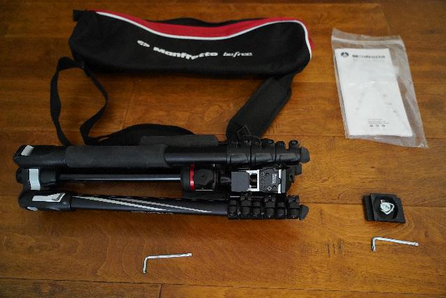 This is what the Manfrotto BeFree 3-Way Live Advanced came with out-of-the-box - the tripod with head, a protective bag, instructions, an Arca Swiss plate, and two Allen Key wrenches