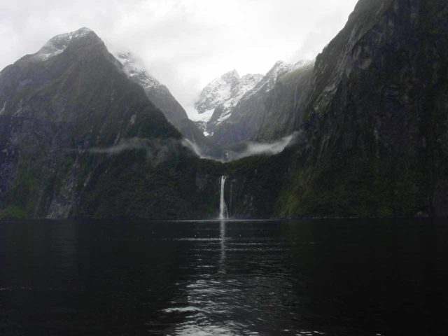 Milford_Sound_049_11302004 - Distant view across the fiord of Stirling Falls plunging beneath its hanging valley