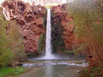 Mooney Falls is the tallest of the Havasupai Reservation waterfalls. It plunges some 190ft in a tall singular column amongst ominous-looking travertine stalactites...
