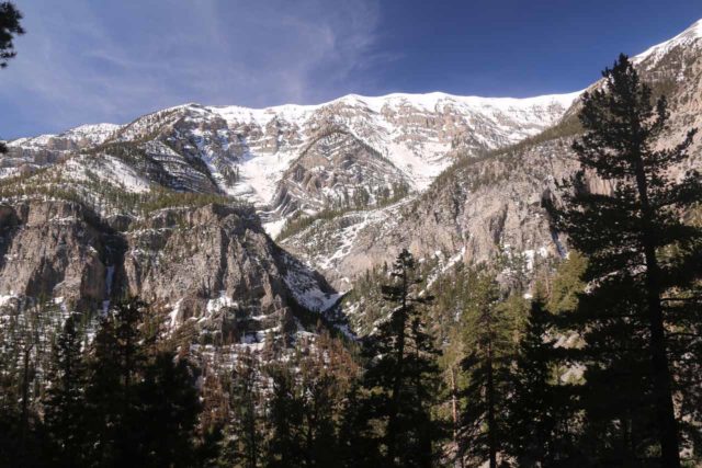 Mt_Charleston_231_04222017 - Looking across Kyle Canyon from the foot of Mary Jane Falls towards the mountains still covered in snow in the Mt Charleston area in late April 2017