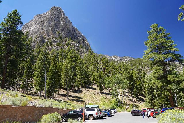 Mt_Charleston_569_08112020 - Context of the upper parking lot at the Cathedral Rock Trailhead with Cathedral Rock towering in the background