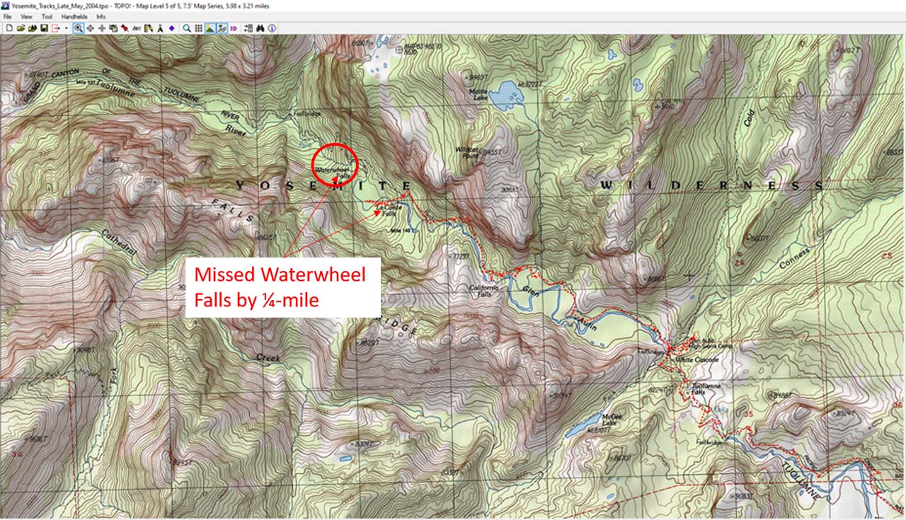 Post-trip hiking tracks recorded from my Garmin etrex superposed onto my National Geographic Trails Illustrated Topo Map of Waterwheel Falls. Note that I had missed the actual waterfall by a quarter-mile