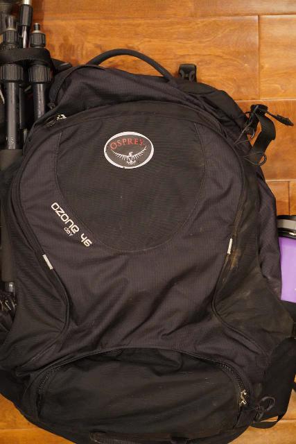 Closer look at the front side of the Osprey Ozone 46, which is missing an open-air front pocket to stow wet items while allowing it to ventilate and dry out as I'm on the move