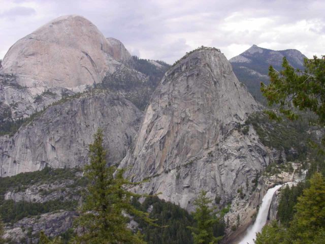 Panorama_Trail_007_06012002 - Unusual view of Nevada Fall, the Liberty Cap, and the back of Half Dome as seen from the Panorama Trail as we descended towards the Panorama Cliffs