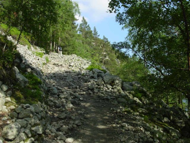 Each of the rock star hikes involved long uphill climbs. Shown here is the Preikestolen hike when Julie and I first attempted it.