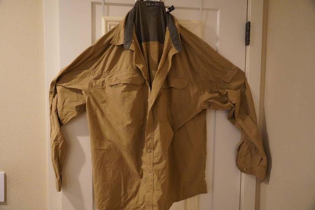 My REI button-up long-sleeve shirt, which the closest shirt they have these days to the version I used is the Sahara Solid