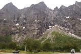 Romsdalen_280_07162019 - Context of the Trollveggen fronted by some picnic tables and parked cars below for a sense of scale