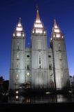 Salt_Lake_City_108_05282017 - Checking out the lit up east side of the temple in Temple Square with the crescent moon rising between two of the towers