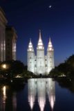 Salt_Lake_City_126_05282017 - The temple in Temple Square with crescent moon in the sky reflected in the fountain in the foreground