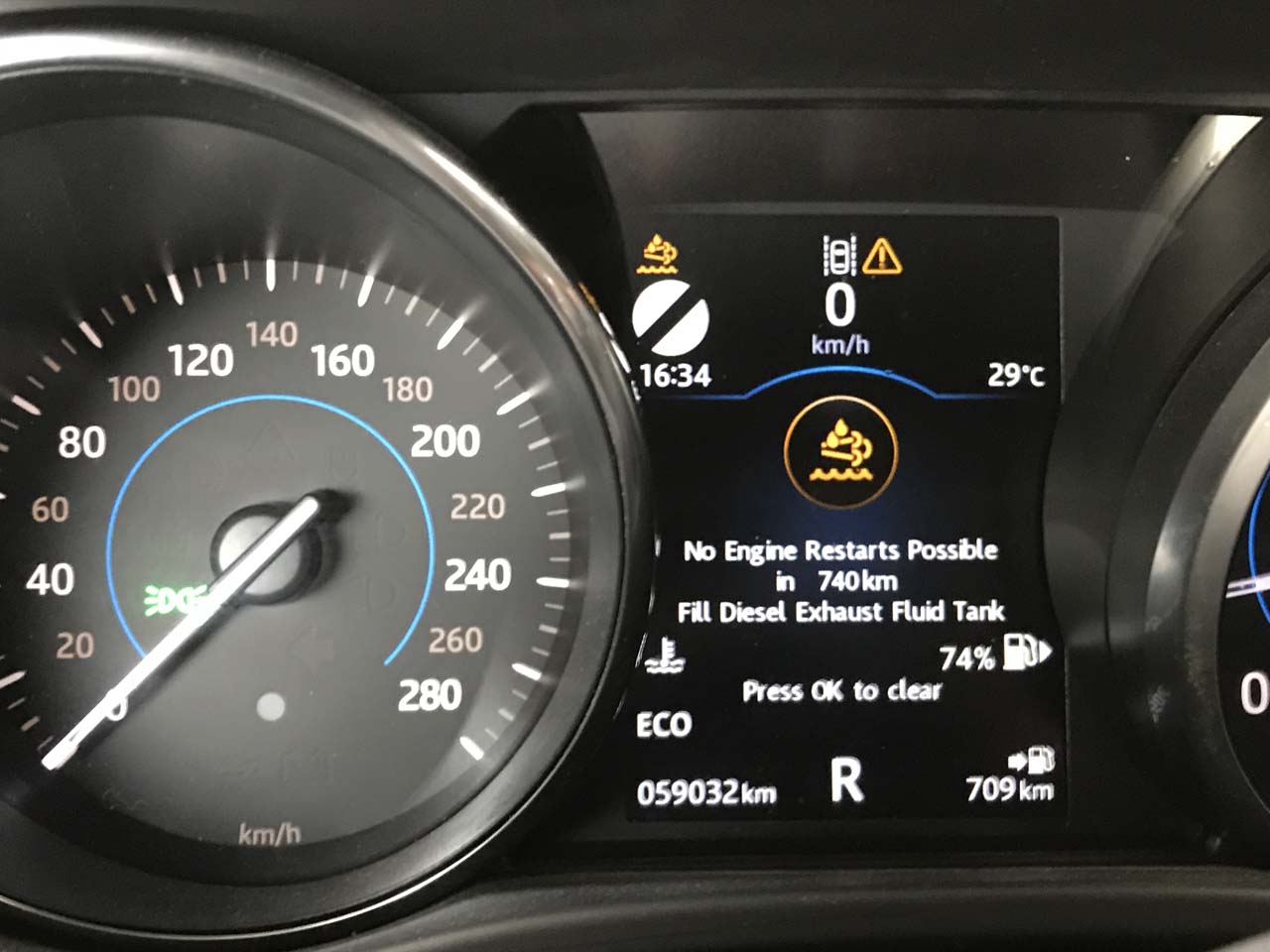 The warning message degenerating into a more threatening message that the car wouldn't start after 740km