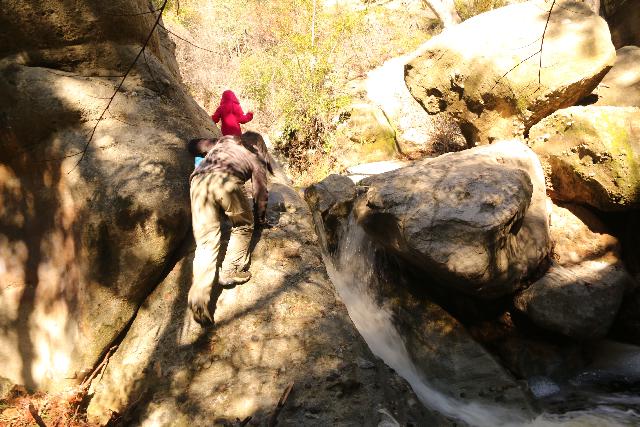 Santa_Ynez_Falls_119_01192019 - Tahia and Julie climbing past one of the intermediate waterfall obstacles en route to the Santa Ynez Falls