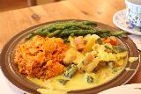 Savoy_SB_003_04242019 - This was the coconut curry chicken with pesto green beans and sweet potato served up at Savoy Cafe and Deli in downtown Santa Barbara